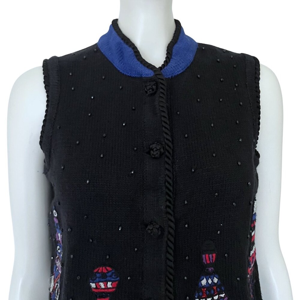 Vintage 90s Black Beaded Sweater Vest Christmas. Small. Cottagecore Embroidered - Picture 6 of 11